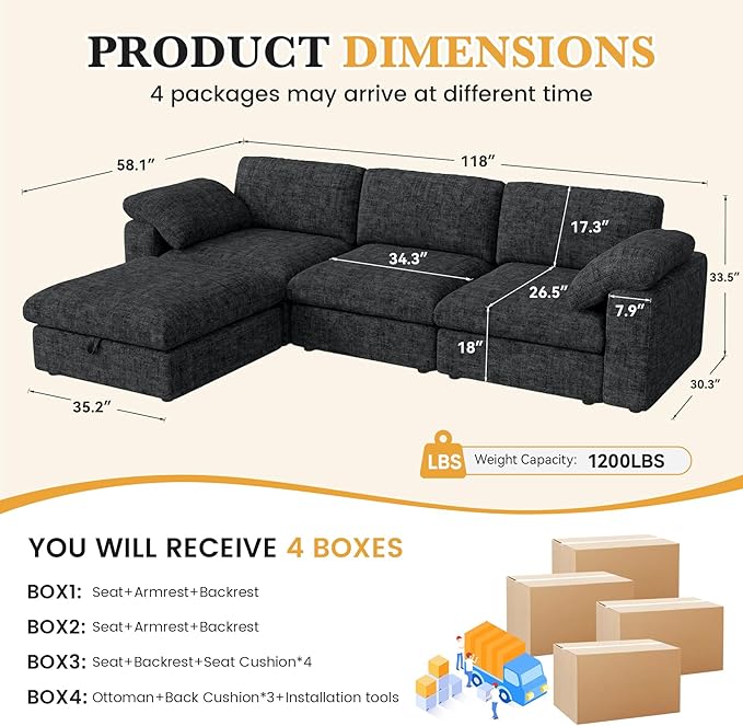 118 Oversized Modular Sectional Sofa L Shaped 3 Seaters with Storage Ottoman Cloud Couch Sofa Set Modern Convertible Chenille Deep Seat Sectional Couches for Living Room Black 1 PCS