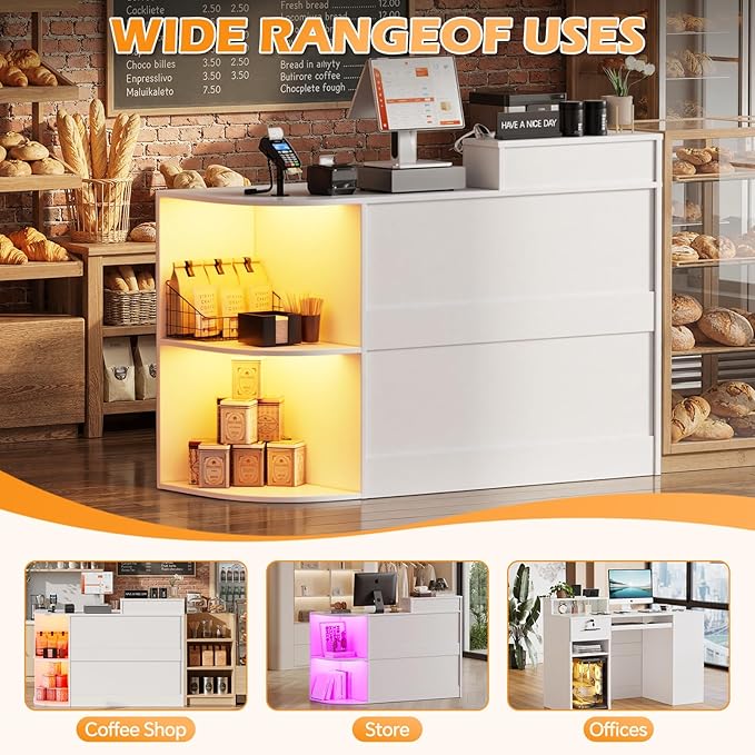 Modern Reception Desk with LED Light and Open Shelves Front Desk with Lockable Drawers &amp Keyboard TrayReception Counter Table with Storage for Checkout Office Lobby Nail Salon Spa (C.White)