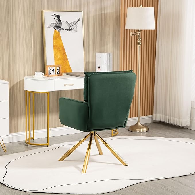 NORDICANA 180° Swivel Velvet Living Room Chair Modern Armchair with Golden Legs Ergonomic Upholstered Dining Accent Chair Single Sofa for Bedroom Reading Home Office Christmas Green