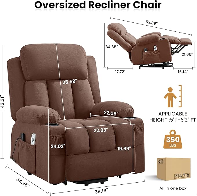 Power Lift Recliner Chair for Elderly with Vibration Massage and Lumbar Heating Electric Oversized Single Sofa with Cup Holder and USB Charge Port for Living Room