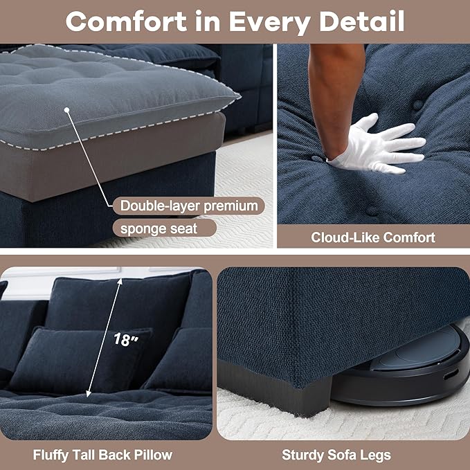 130 U Shaped Cloud Couch Modular Sectional Sofa with Chaise Lounge Comfy Fluffy Cloud Sectional Couches for Living Room Modern Modular Sofa with Central Console (Blue)