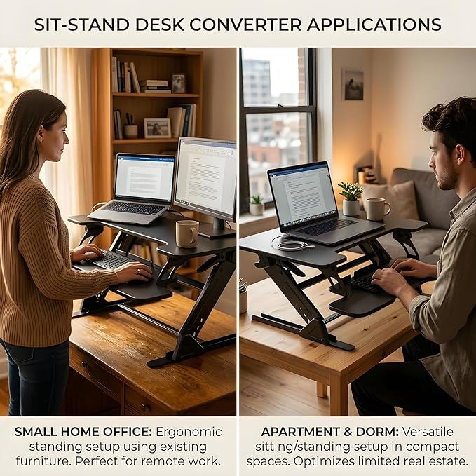 Standing Desk Converter 36 x 24 Inches - Height Adjustable Sit to Stand Riser with Keyboard Tray Ergonomic Workstation for Home Office Black