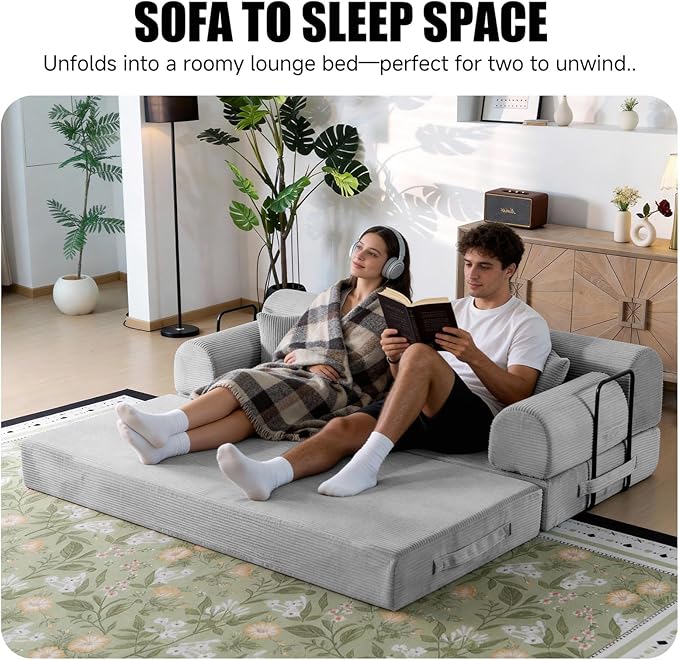 78.8 Boneless Memory Foam Couch Corduroy Convertible Floor Sofa Bed Fold-Out Sleeper Futon Loveseat Wide Armrests &amp Supportive Back 1200 lb Couch in a Box 2 Pillows Light Grey