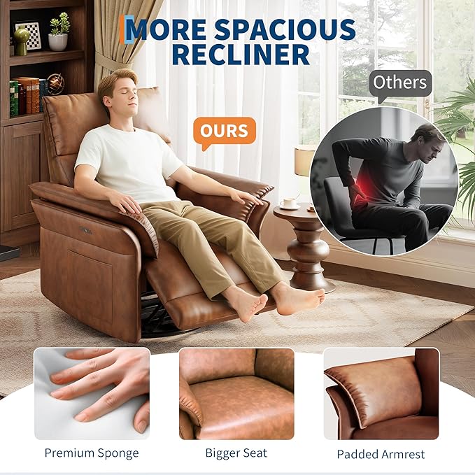 GarveeHome Power Recliner Chair 270 °Swivel Rocking Glider with USB Charging Port PU Leather Upholstered Fabric and Double-Layer Armrests Nursery Chair for Living Room Nursery (Wanult)