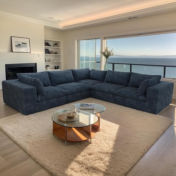 118.2 Corduroy Boneless Cloud Sectional Couch for Living Room V-Shaped Corner Flexible Modular Sectional Couches No Assembly Required Thick Cushion Cozy Fluffy Sofa for Apartment(Blue) | Compress