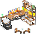 AODK 79 inch L Shaped Desk with 5 Drawers Reversible L Shaped Gaming Desk with LED Light &amp 2 Power Outlets Computer Desk with Storage Shelves for Home Office Vintage