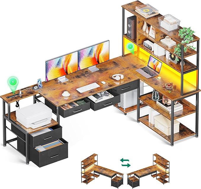 AODK 79 inch L Shaped Desk with 5 Drawers Reversible L Shaped Gaming Desk with LED Light &amp 2 Power Outlets Computer Desk with Storage Shelves for Home Office Vintage