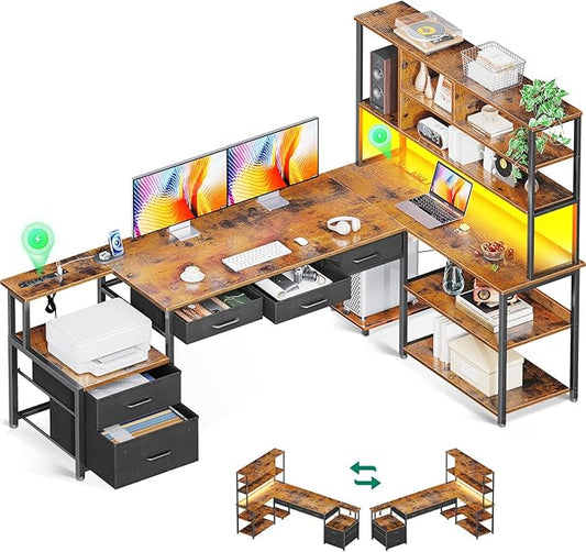 AODK 79 inch L Shaped Desk with 5 Drawers Reversible L Shaped Gaming Desk with LED Light &amp 2 Power Outlets Computer Desk with Storage Shelves for Home Office Vintage