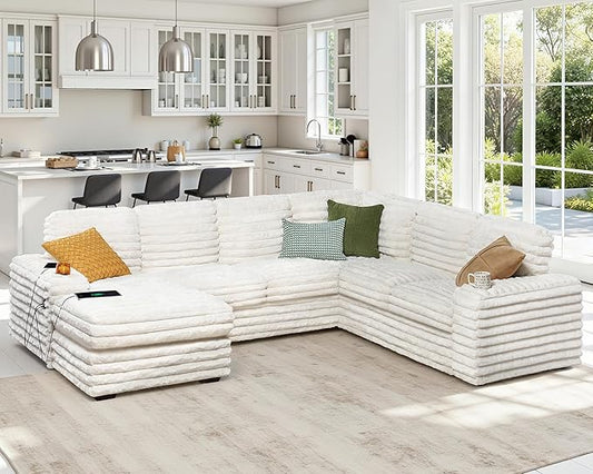 AMERLIFE 112 Inch U Shaped Couch Oversized Couch with Storage Chaise &amp Cup Holders Sectional Sofa with USB &amp Type-C Charging Ports Faux Fur White Sofa
