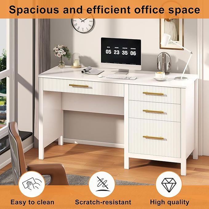 White Executive Desk with Drawers: 54 Wood Computer Desk with File Drawer Modern Home Office Desks with Storage Fluted Writing Desks for Working Studying (White 54)