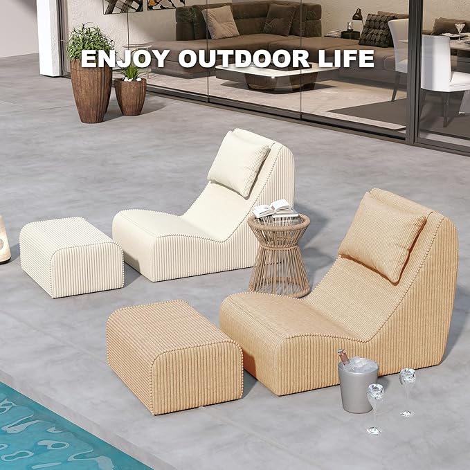 Giant Bean Bag Chair for AdultsCorduroy Chaise Lounge with Unrivaled Back Support Detachable Neck Pillow Comfortable Ottoman &amp Washable Cover for Living Room Bedroom Garden (Camel)