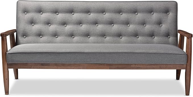 Baxton Studio Sorrento Mid-Century Retro Modern Fabric Upholstered Wooden 3-Seater Sofa Grey 70.59 x 29.45 x 32.96