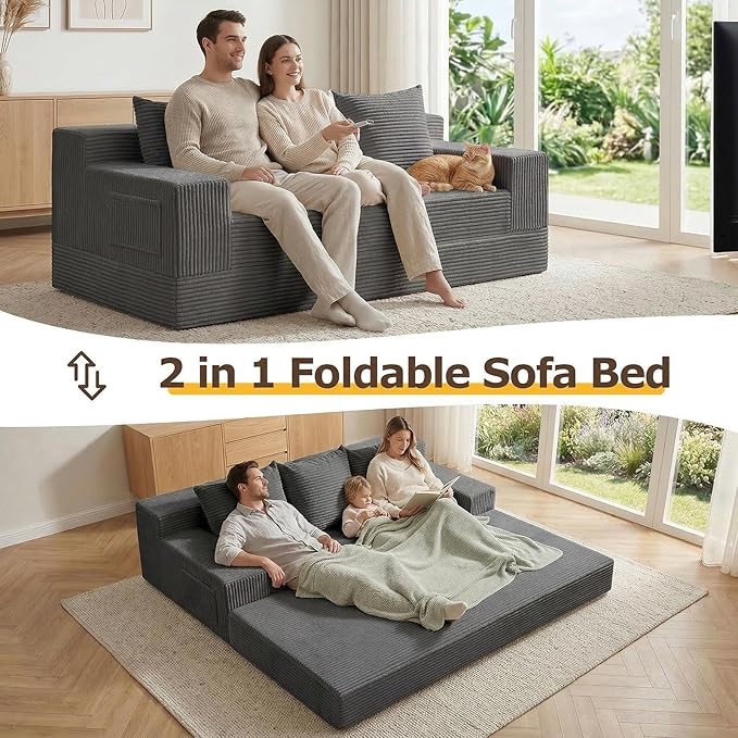 Convertible Sofa Bed 78 Oversized Boneless Loveseat Couch 2 in 1 Foldable Futn Bed Couch in A Box Folding Sleeper Sofa Chair for Living Room No Assembly Required Grey