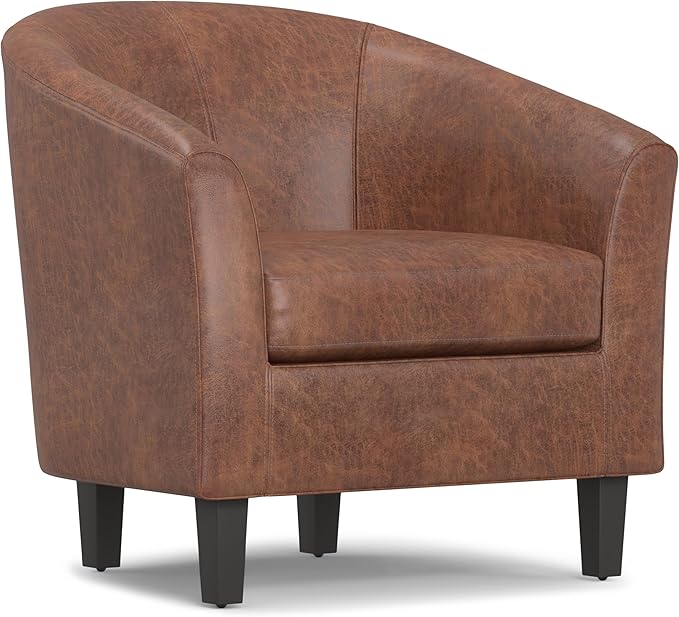 SIMPLIHOME Austin Tub Chair - 30 inch Wide Upholstered Faux Leather Contemporary Accent Chair in Distressed Saddle Brown for Living Room or Study with High Arms Removable Cushion