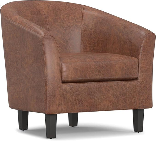 SIMPLIHOME Austin Tub Chair - 30 inch Wide Upholstered Faux Leather Contemporary Accent Chair in Distressed Saddle Brown for Living Room or Study with High Arms Removable Cushion