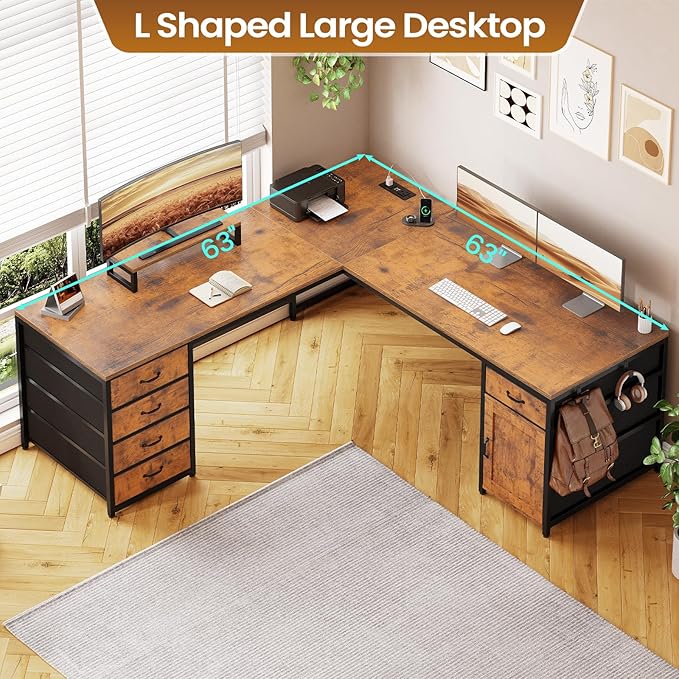 SEDETA L Shaped Desk 63 Computer Desk with 5 Drawer &amp Power Outlet Long Home Office Desk or Corner Desk L Shaped Corner Desk with Monitor Shelf Storage Cabinet Rustic Brown