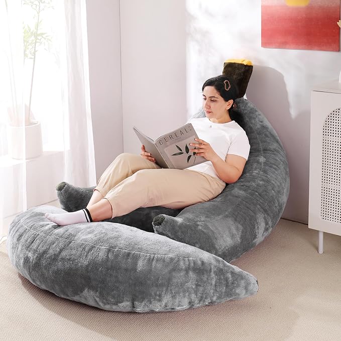 Banana Bean Bag Chair with Ottoman Floor Sofa Bed with Footrest Comfy Convertible Lounger for Adults Plush Couch for Bedroom Living Room or Dorm L-Grey