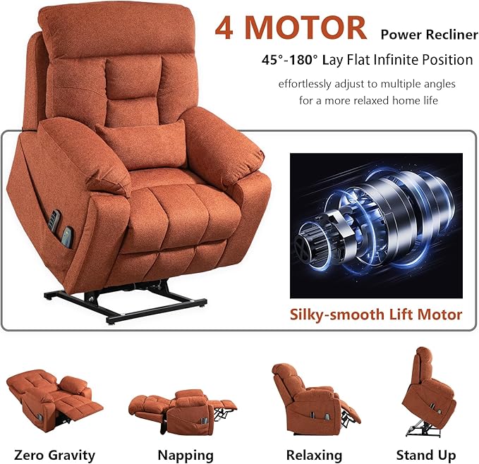 4 Motor Power Lift Recliner Chair for Elderly 400LBS Big Man Oversized Lay Flat Recliner with Massage Heat Zero Gravity Electric Lift Chair Adjustable Headrest Cup Holders Orange