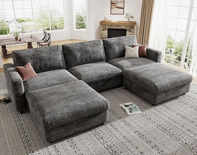 KKL Modular Sectional Couches for Living Room Chenille 5 Seater Sofa Couch with Adjustable Backrest Sofa Couch with Comfy Cushion Dark Grey
