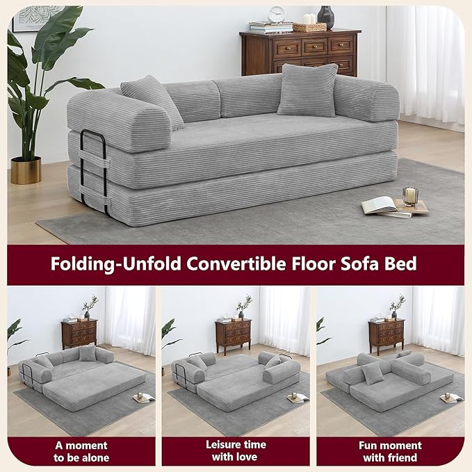 JJJ 78 inch Sofa Bed 4-in-1 Boneless Convertible Corduroy Sleeper Folding Couch with Fixed-Shape Frame and 2 Futons No Assemble Required 3 Seater Upholstered for Living Room (Light Grey 78 inch)