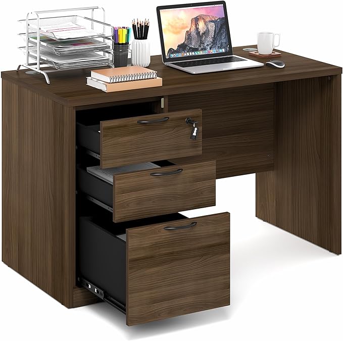Furinno Roger 47 Inch Executive Desk with File Cabinet Home Office Desk with 3-Drawer Fixed Pedestal Filing Cabinet Desk Cord Grommet for Home Office Modern Walnut