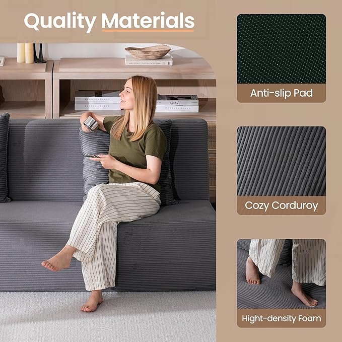 Folding Sofa Bed Convertible Sleeper Chair with Pillows High Support Memory Foam &amp Soft Corduroy Fbric Comfy Couch Bed Floor Loveseat Couch for Living Room Apartment Guest RoomGrey