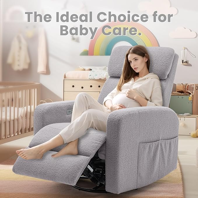 Power Swivel Recliner Chairs for Adults Electric Glider Rocking Chair Nursery Glider Recliner Nursery Chair with Classified Side Pocket Nursery Rocking Chairs with USB and Type-C Ports