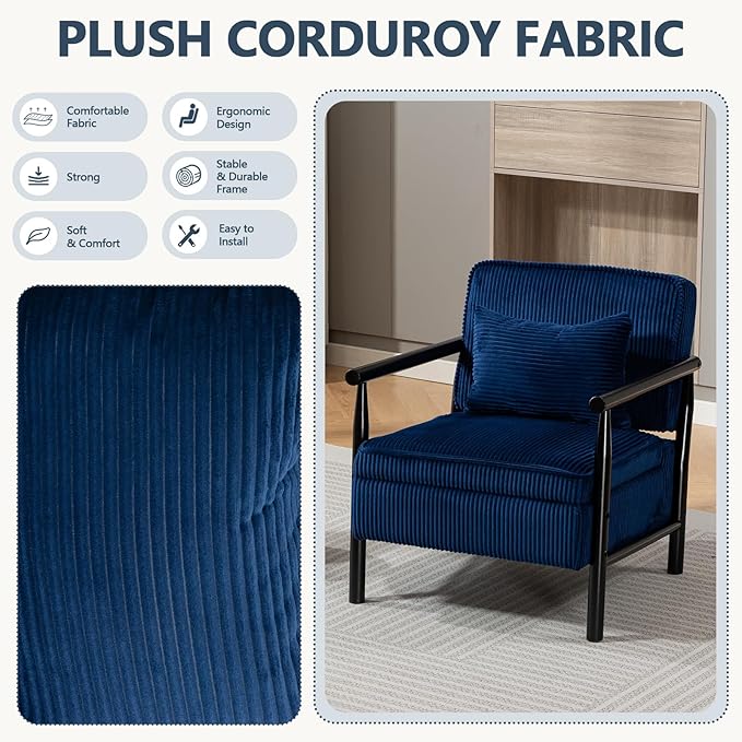 Blue Accent Chair with Storage 24 W Mid Century Modern Chair with Cushion Upholstered Corduroy Reading Chair with Wooden Legs Comfy Arm Chairs for Living Room Bedroom (Blue)