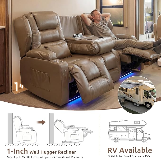 SAMERY Loveseat Recliner Sofa Power Reclining Loveseat Sofa Wall Hugger Recliners RV Couch with Flip-Backrest Solid Wood Top Ambient LED Lights USB-C Outlets Faux Leather Khaki | Extra Wide Se