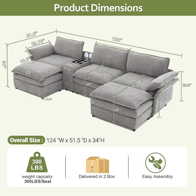 124 Cloud Couch Sectional Modular U Shaped Couch with Movable Ottomans Modern Deep Seat Sofas for Living Room Comfy Chenille Sectionals with Central Console &amp Bluetooth Speakers (Grey)