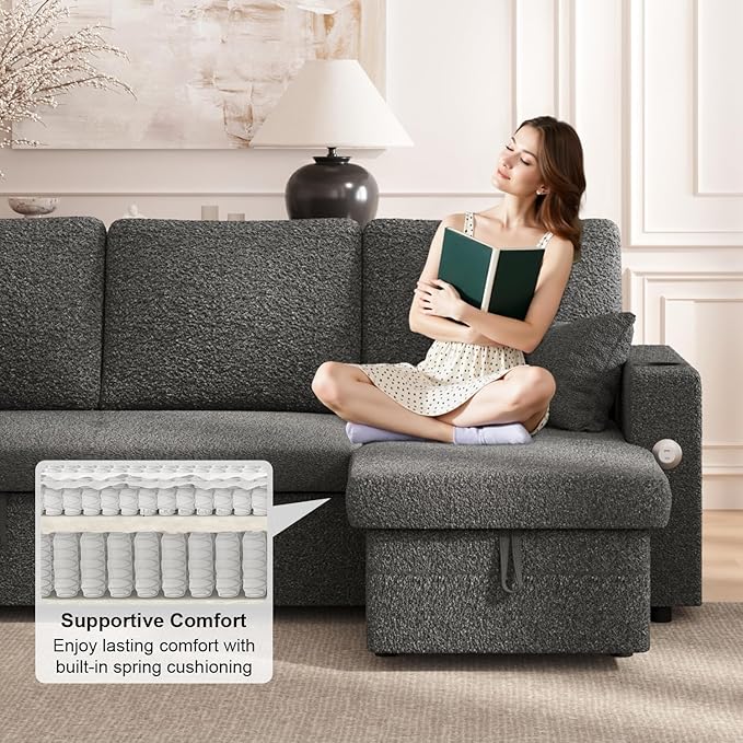 82 Inch L-Shape Sectional Couch 4-in-1 Multifunctional Pull-Out Couch Sleeper Sofa with Storage Chaise Charging Station Cup Holder for Living Room/Office/Apartment (Dark Gray)