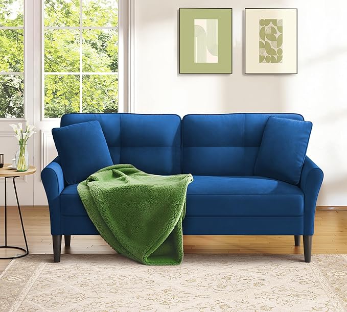 Loveseat Sofa 69 Love Seat Couches Comfy Velvet Small Sofa Couch for Bedroom with 2 Pillows Tool-Free Setup Sofas &amp Couches 700lb Load Sofas for Living Room Mini Couch for Bedroom Blue Couc
