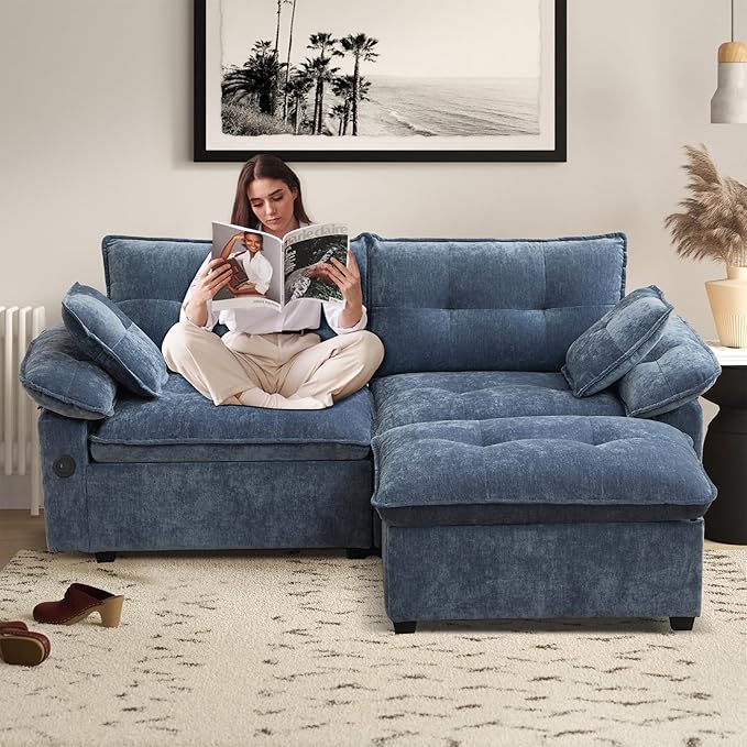 89 Modular Sectional Sofa Comfy Cloud Couch with Movable Ottoman Chenille Sectional Deep Seat Sofa with Throw Pillows/USB Ports for Living Room Office and Apartment (Blue)