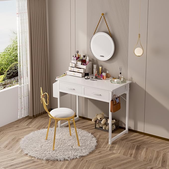 DLisiting White Desk with Storage Drawers - 39 Inch Small Computer Desk with Drawers for Bedroom Home Office Study Writing Vanity Table Without Mirror for Girls Small Spaces