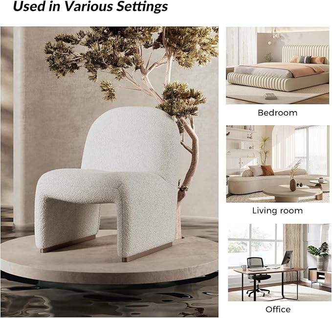 HULALA HOME Modern Accent Chair Upholstered Side Chair with Solid Wood Legs Streamlined Armless Slipper Chair with Curved Seat Bedroom Living Room Chair for Adults （Ivory