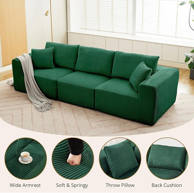 Sectional Cloud Boneless Couch 108 Modern Comfy Linear Straight No Assembly Required Convertible Compression Sleeper Modular Sofa with Corduroy Fabric 3 Deep Seat Single for Living Room