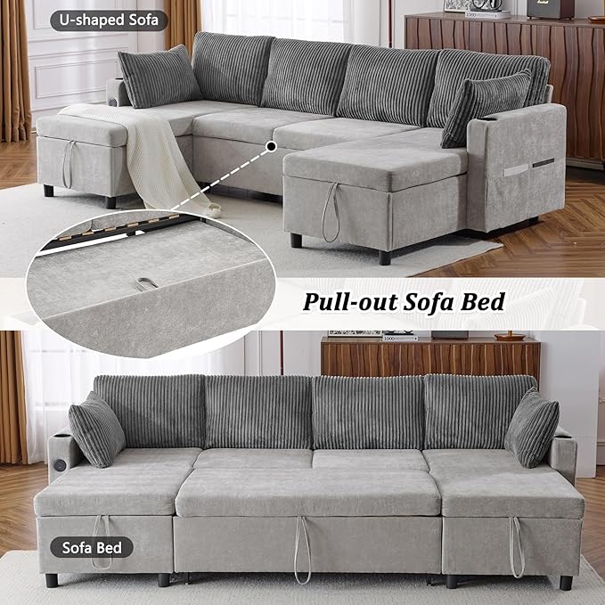 111.8 Sectional Sofa Pull-Out Sofa Bed with Double Storage Chaise Lounge Versatile Sofa Sleeper Couch with Cup Holders and USB Ports for Living Room Appartment Office (Grey-CF)