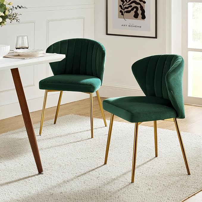 HULALA HOME Dining Chairs Set of 2 Velvet Upholstered Kitchen &amp Dining Room Chairs with Metal Legs Vanity Chair Armless Side Chairs for Living Room Bedroom Makeup Room Channel Curved Backrest Gr