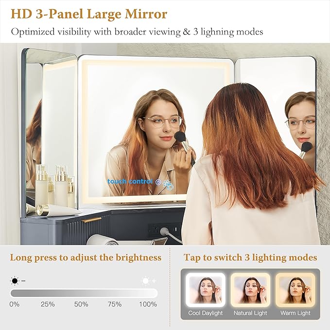 T4TREAM Corner Vanity Desk with Mirror and Lights 48 Modern Fluted Makeup Vanity with Glass Top 3-Panel Lighted Mirror &amp Charging Outlet Dressing Table with 3 Drawers &amp 2 Cabinets Dark Gr