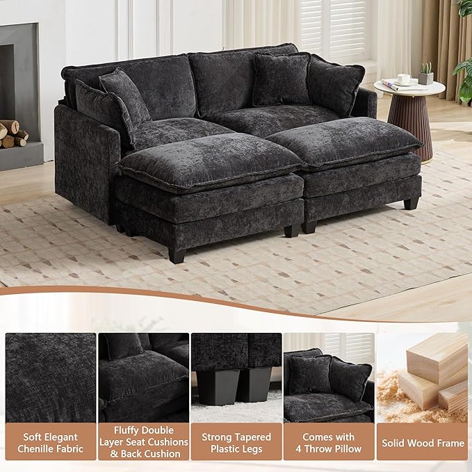Aoowow Chenille Loveseat Cloud Couch with Ottomans78 Modular Sectional Small Love Seat Lounger Sofa for Small SpacesDouble Chaise Lounge Chairs Indoor for Living Room Bedroom (Black 2+2)