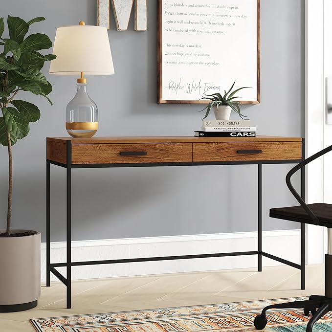Caffoz 48 Writing Desk | Study Computer Desk | Brown Mahogany | Laptop PC Table Workstation with 2 Drawers for Home Office | Storage Space Saver