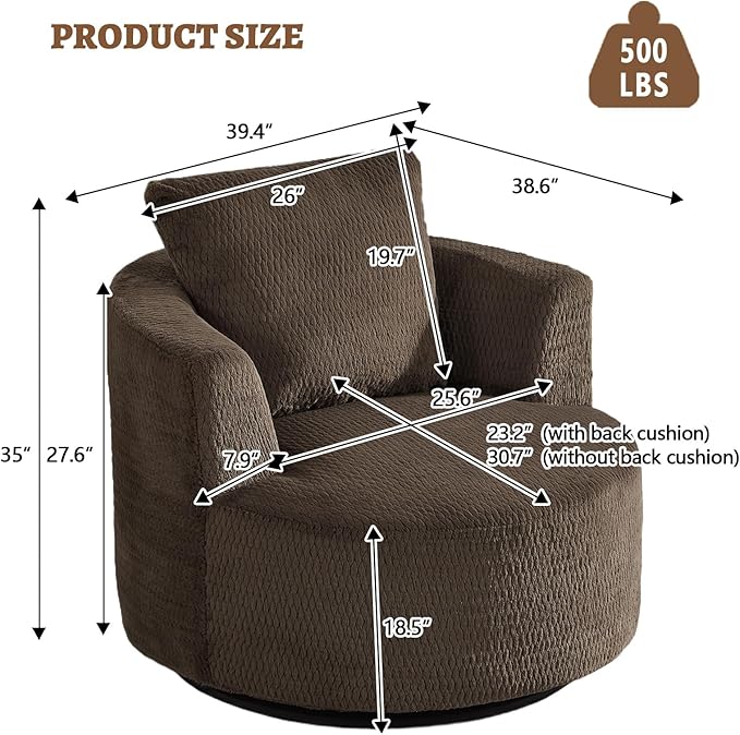 39.4 Wide Swivel Accent Chair Modern 360° Rotating Barrel Chair with Metal Base Club Single Sofa Chenille Armchair for Living Room Bedroom Reading Room Office (Dark Brown)