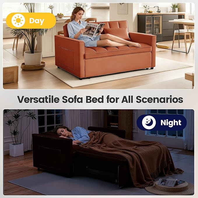 Pull Out Couch Velvet Fabric Loveseat Sleeper Couch 3 in 1 Corduroy Futon Sofa Bed with Side Pockets Sleeper Sofa Bed with Adjustable Backrest for Living Room Camel