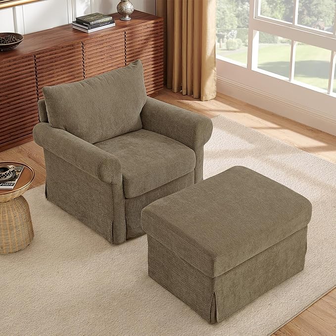 35.8 Accent Chair with Ottoman Set Comfy Chenille Upholstered Armchair with Rolled Arms Modern Single Reading Chair for Living Room Bedroom Apartment Brown