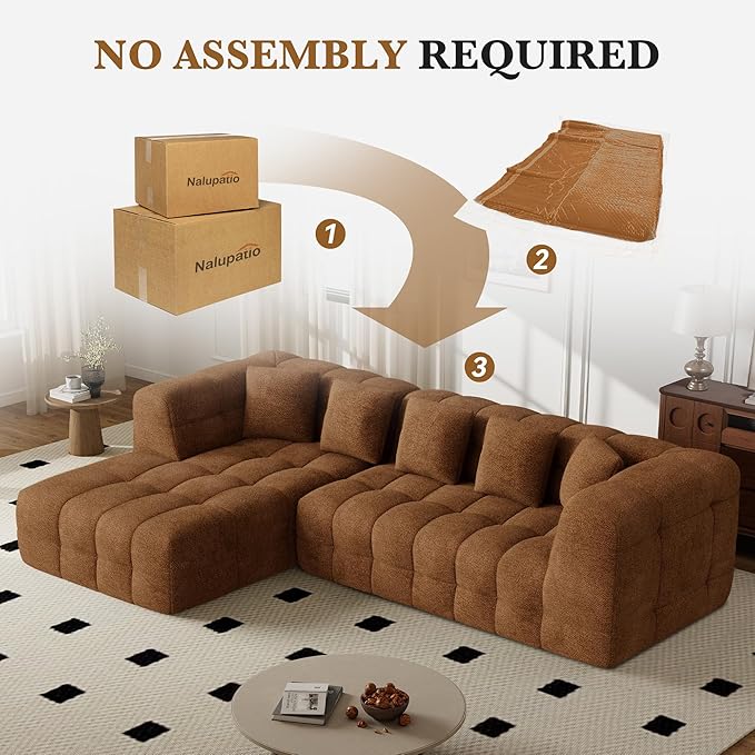Nalupatio Modern Boneless Couch Cloud Modular Sectional Sofa with L Shaped Chaise Upholstered Comfy Chenille Couch Bed No Assembly Required (107 Brown)
