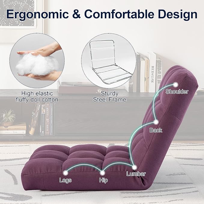 Folding Floor Chair with Back Support Adjust Lay Flat Recliner Oversized Lounge Wide Lazy Boy Gaming Ergonomic Single Sofa Seat for Living Room Bedroom(Purple)