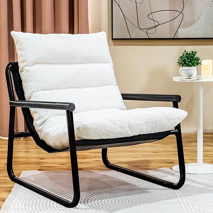 Accent Chair with Arms Living Room Chair with Cushion Comfy Chairs Padded Patio Leisure Lounge Chair Sturdy Comfy for Reading Nook &amp Bedroom 200Lbs Capacity(White 1-1)