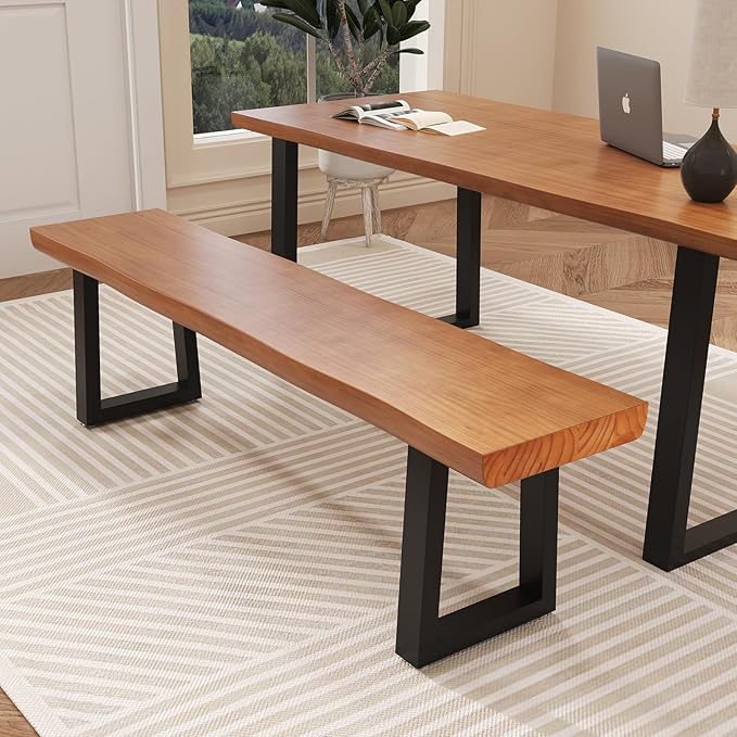 Solid Wood Top Bench with Metal Legs Durable Long Bench for Home Office Living Room Dining Room Versatile Multi Size Options Perfect Chair Stool Dining Bench Dining Chair (Light brown bench 62.99in)