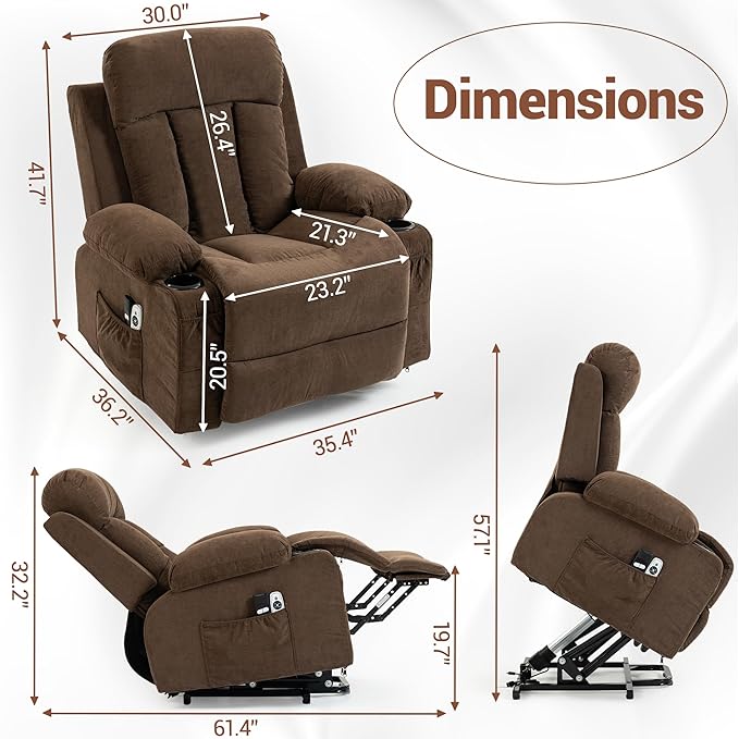 Power Lift Recliner Chair for Elderly People w/Vibration Massage and Lumbar Heat Oversized Recliner Chair Sofa for Adult with Cup Holder USB Charge Port for Living Room Bedroom Brown