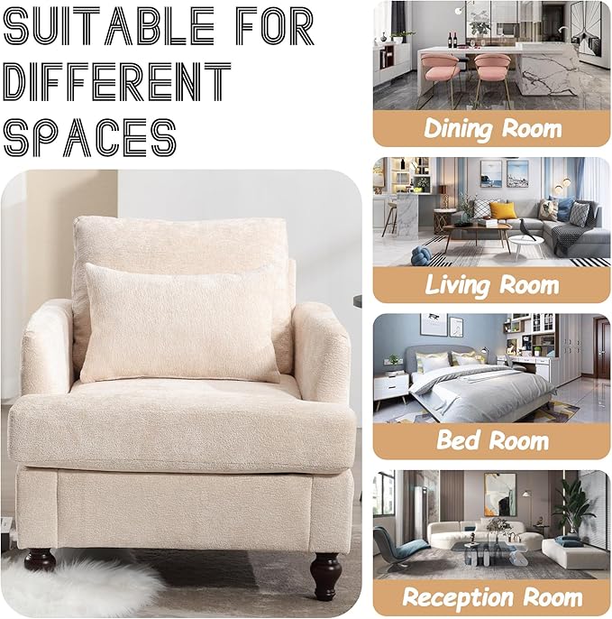 Oversized Accent Chair with Lumbar Pillow Upholstered Side Chairs for Living Room Bedroom Comfy Reading Chairs for Adults with Wide Seat Thick Cushion Soft Chenille (Beige)